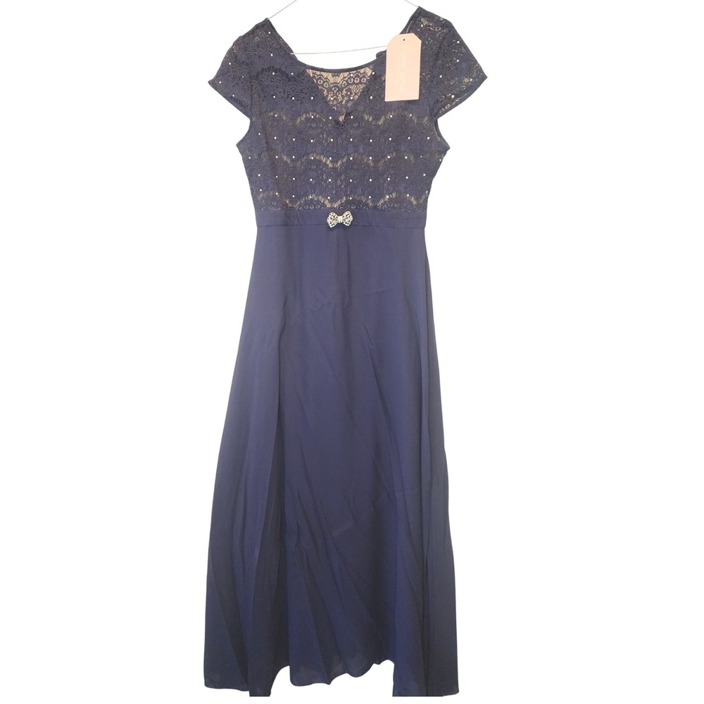 Une Ame Womens XL Navy Blue Lace Sequin Formal Maxi Dress Rhinestone Bow NWT
